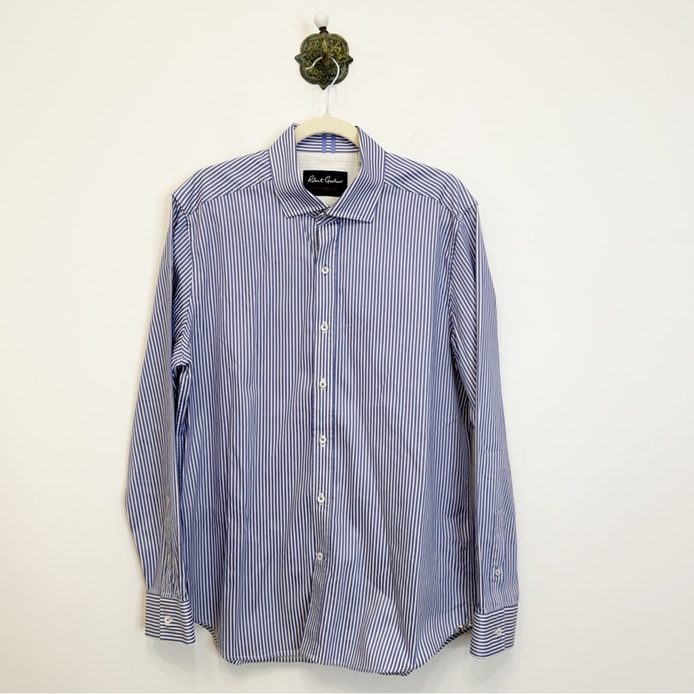 Robert Graham Blue White Stripe Tailored Fit Dress Shirt Contrast Trim Men’s XL